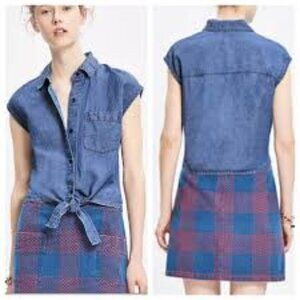 Madewell Blue Denim Sleeveless Tie-Front Top Linen Cotton Blend Size XS